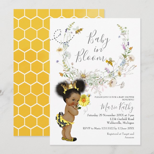 African American Rustic Bee Wildflower Invitation (Front/Back)