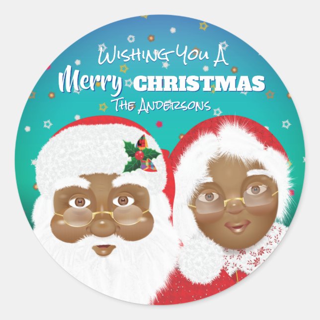 African American Santa and Mrs Claus Christmas Classic Round Sticker (Front)