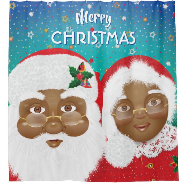 African American Santa and Mrs Claus Christmas Shower Curtain (Front)