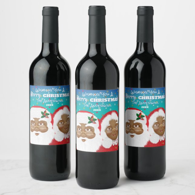 African American Santa and Mrs Claus Christmas Wine Label (Bottles)