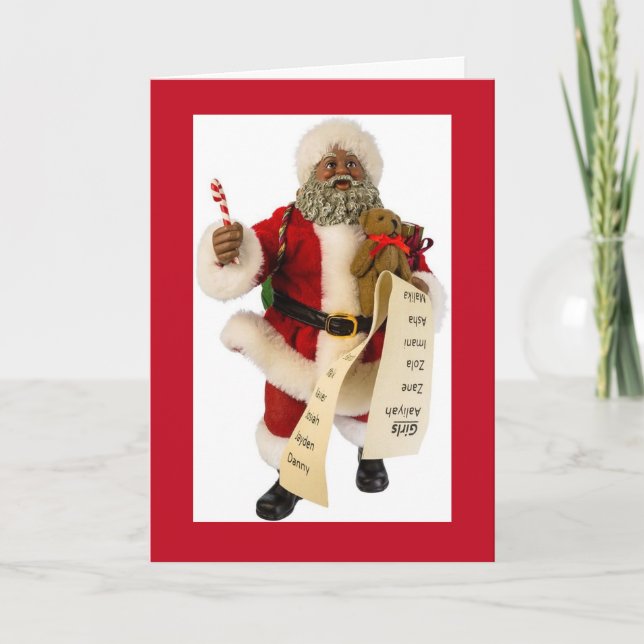 African American Santa Checks List Christmas Card (Front)
