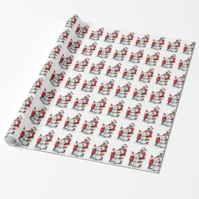 African American Santa & Child & Snowman Wrapping Paper (Unrolled)