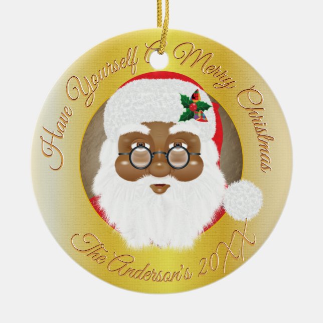 African American Santa Christmas Holiday Ceramic Tree Decoration (Front)