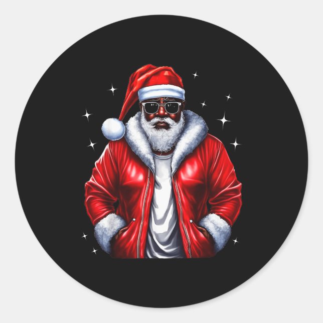 African American Santa Christmas Pajama Cool Black Classic Round Sticker (Front)