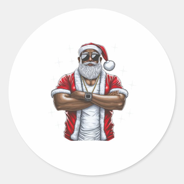 african american santa christmas pajama cool black classic round sticker (Front)