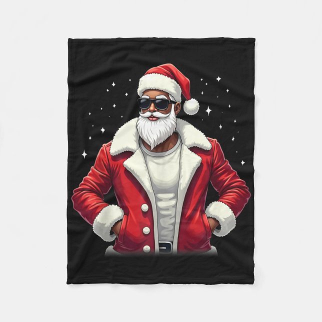 African American Santa Christmas Pajama Cool Black Fleece Blanket (Front)