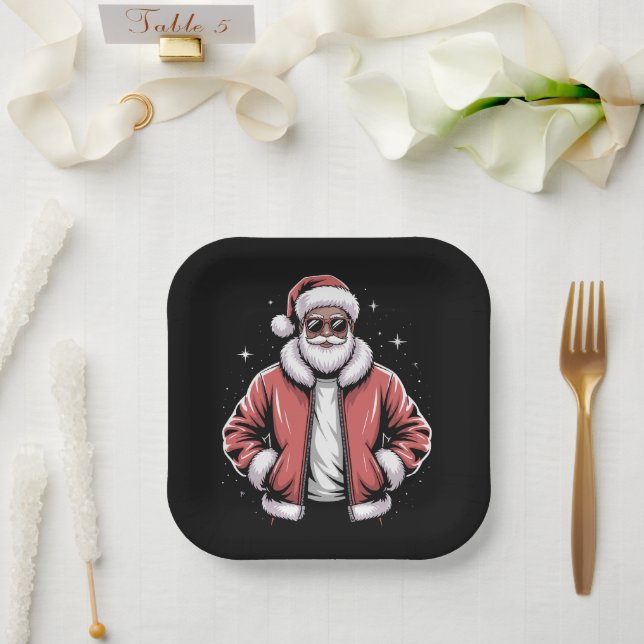 African American Santa Christmas Pajama Cool Black Paper Plate (Wedding)