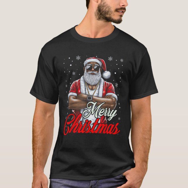 African American Santa Christmas Pajama Cool Black T-Shirt (Front)