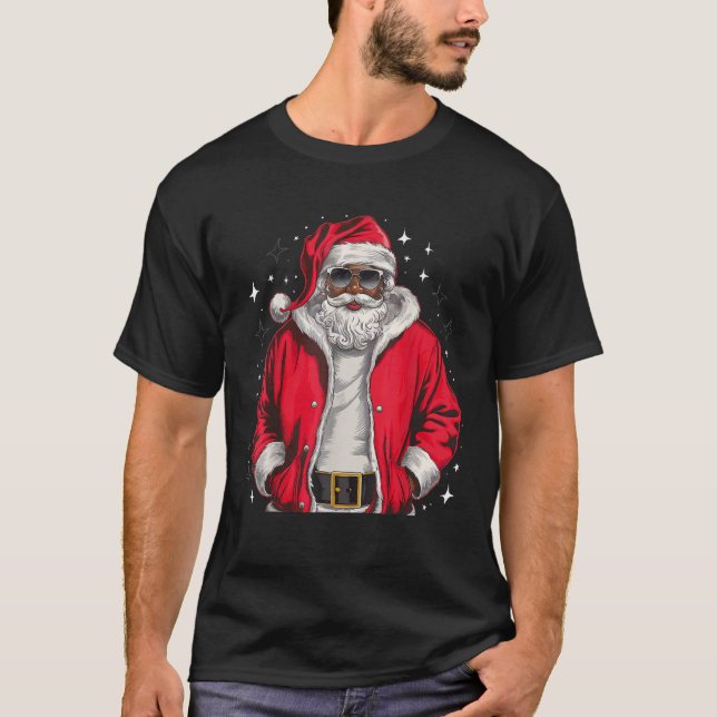 African American Santa Christmas Pajama Cool Black T-Shirt (Front)