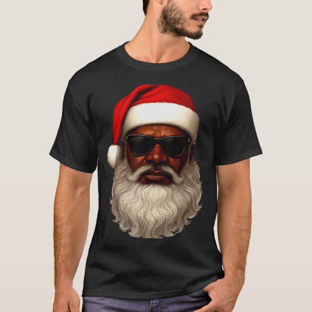African American Santa Christmas Pajama Cool Black T-Shirt (Front)