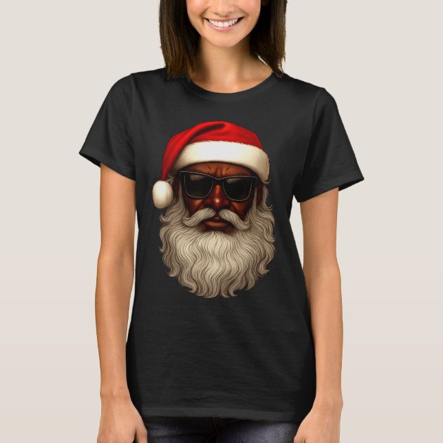 African American Santa Christmas Pajama Cool Black T-Shirt (Front)