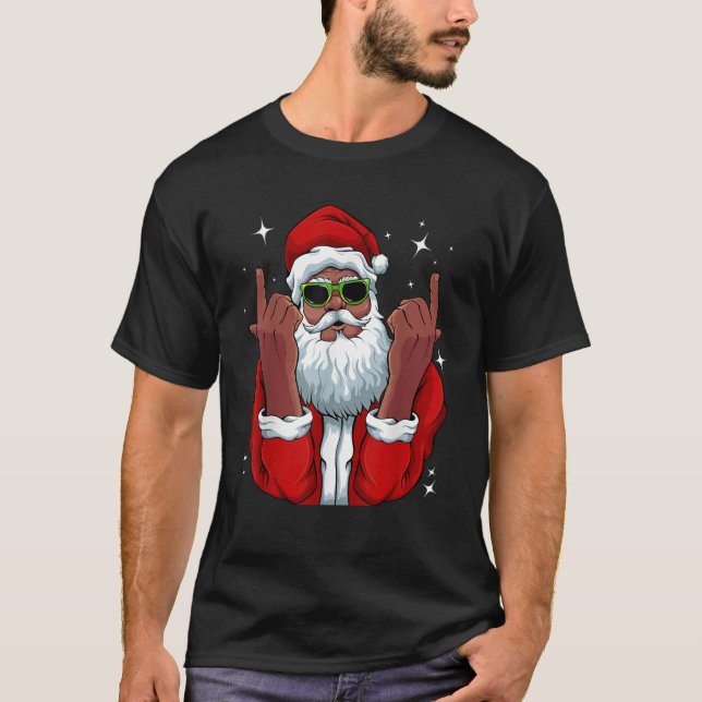 African American Santa Christmas Pajama Cool Black T-Shirt (Front)