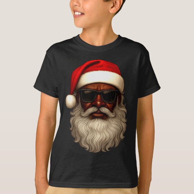 African American Santa Christmas Pajama Cool Black T-Shirt (Front)