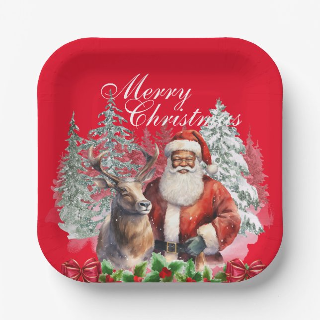 African American Santa Christmas Plates - 8 Pk (Front)
