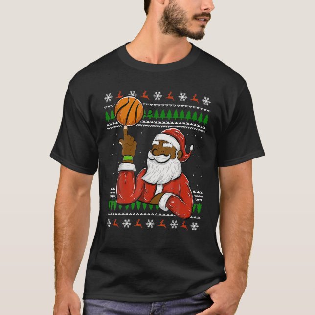 African American Santa Claus Basketball Ugly Chris T-Shirt (Front)