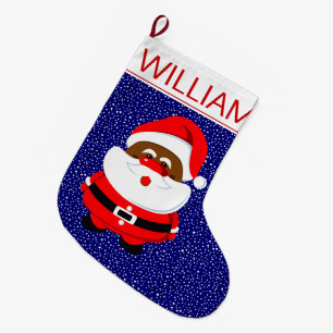 African-American Santa Claus Christmas blue Large Christmas Stocking