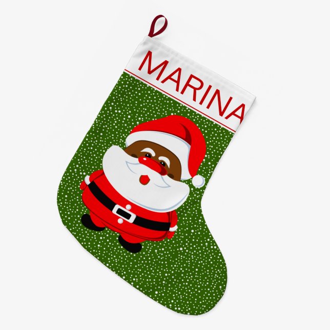 African-American Santa Claus Christmas green white Large Christmas Stocking (Front (Hanging))