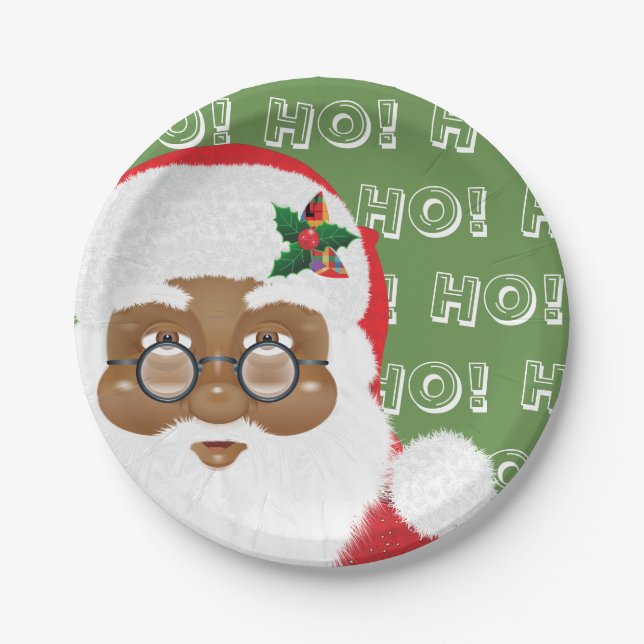 African American Santa Claus Christmas Holiday Paper Plate (Front)