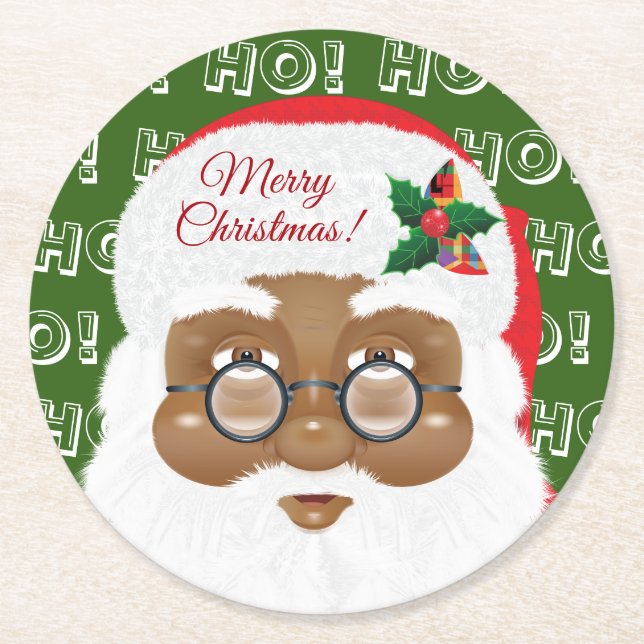 African American Santa Claus Christmas Holiday Rou Round Paper Coaster (Front)
