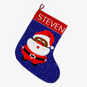 African-American Santa Claus Christmas red blue Large Christmas Stocking