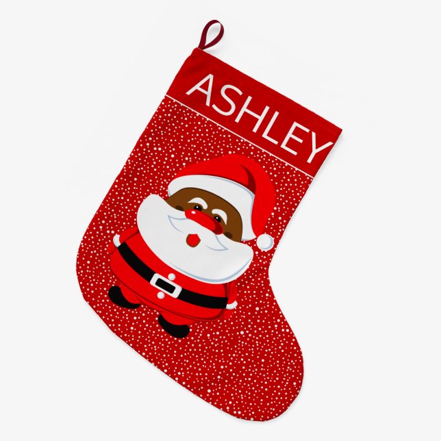 African-American Santa Claus Christmas red Large Christmas Stocking (Front (Hanging))
