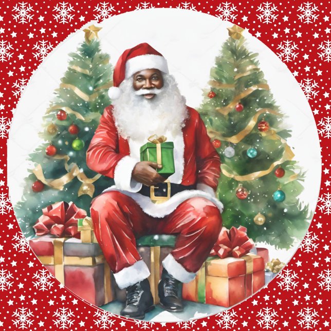 African American Santa Claus Christmas Watercolor Classic Round Sticker (Creator Uploaded)