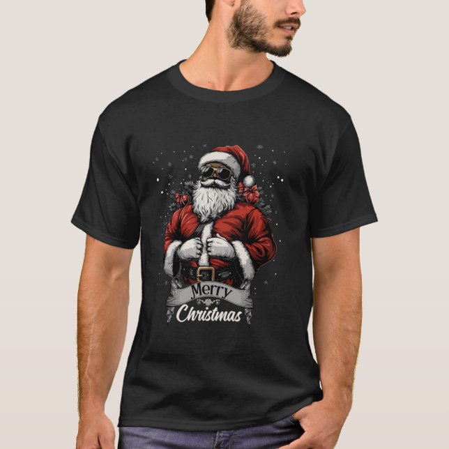 African American Santa Claus Merry Christmas Black T-Shirt (Front)