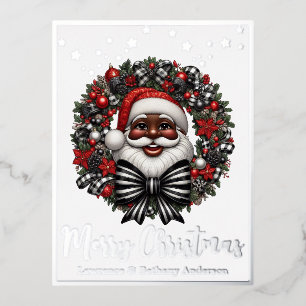 African American Santa Claus Red, Black & White Foil Holiday Postcard