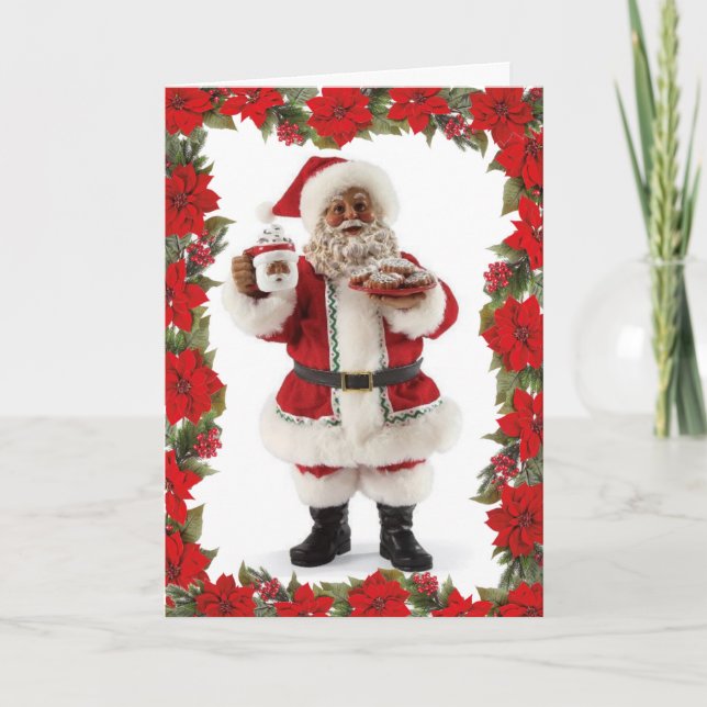African American Santa Enjoys Cocoa & Cookies  Holiday Card (Front)