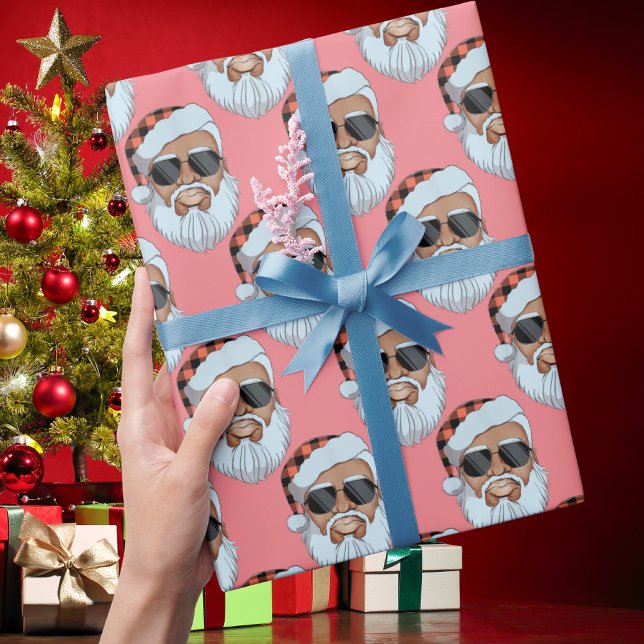 African American Santa Face Pink Christmas Gift Wrapping Paper (Creator Uploaded)