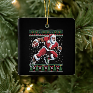 African American Santa Football Ugly Christmas Ceramic Ornament