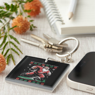 African American Santa Football Ugly Christmas Key Ring