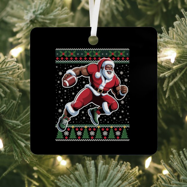 African American Santa Football Ugly Christmas  Metal Tree Decoration (Insitu)