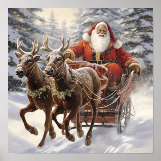African American Santa Holly and Ivy Reindeer  Poster (Front)