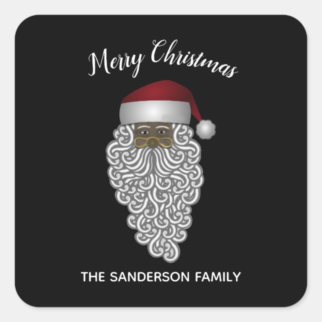 African American Santa Merry Christmas Custom Square Sticker (Front)