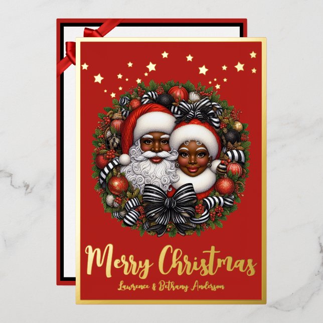 African American Santa & Mrs. Claus Foil Holiday Card (Front/Back)