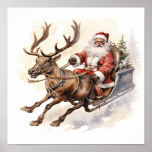 African American Santa Reindeer Sleigh with Tree Poster