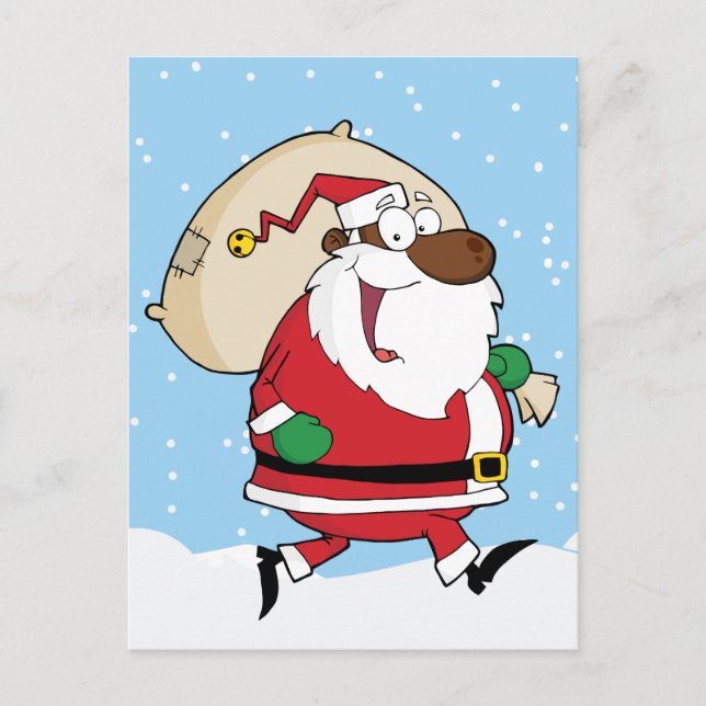African American Santa Running with Gifts Holiday Postcard (Front)