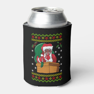African American Santa Ugly Christmas Can Cooler