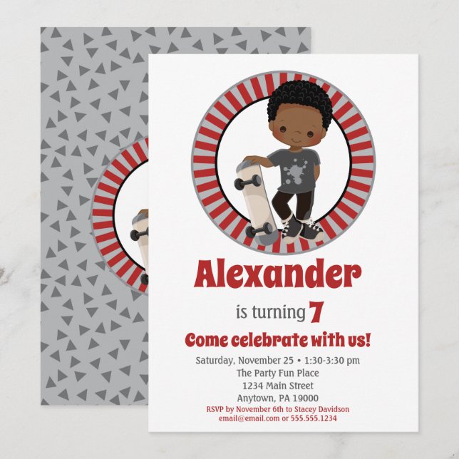 African American Skateboard Boy Birthday Invitation (Front/Back)