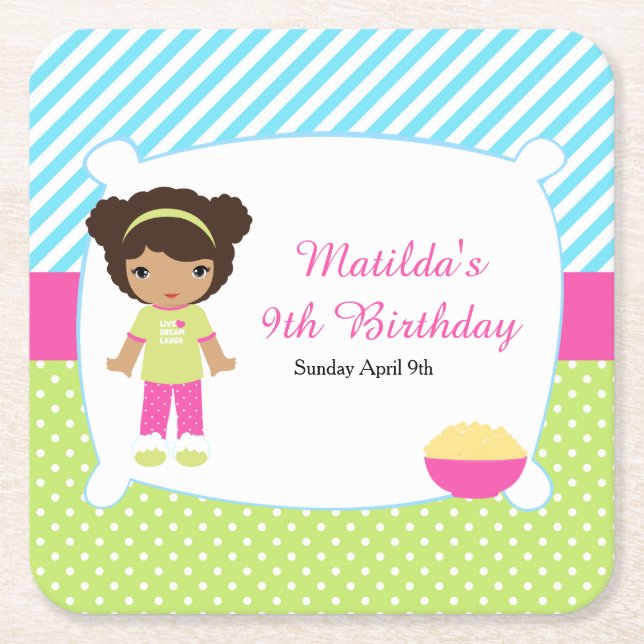 African American Sleepover Slumber Party Birthday Square Paper Coaster (Front)