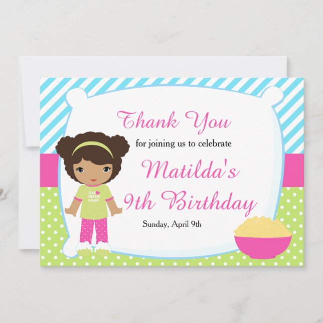 African American Sleepover Slumber Party Birthday Thank You Card (Front)