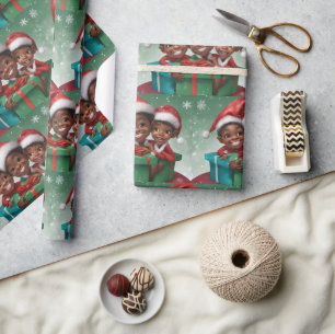 African American Snowy Christmas Elf  Wrapping Paper
