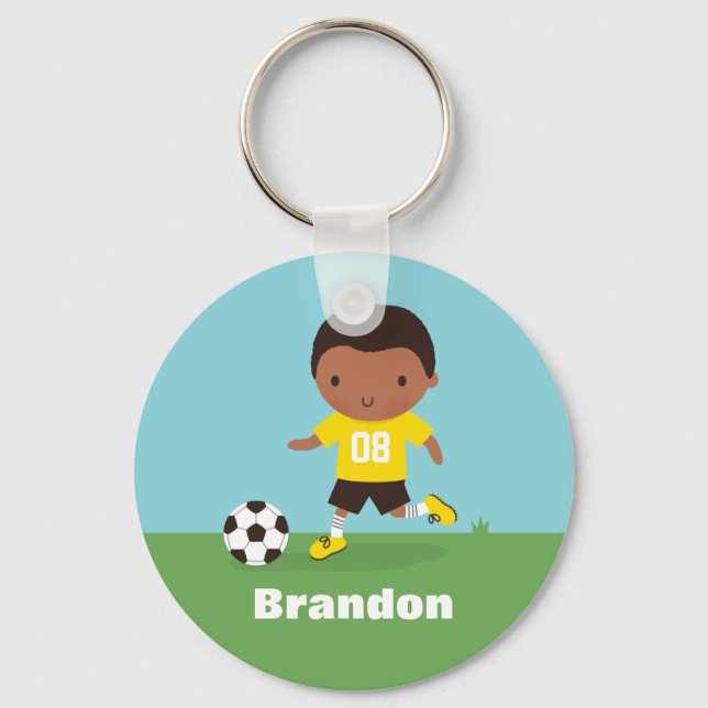African American Soccer Footballer Boy Keychain (Front)