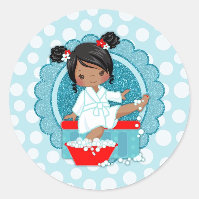 African American Spa Girl Bubbles Turquoise Red Classic Round Sticker (Front)