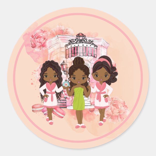 African American Spa Party Classic Round Sticker (Front)