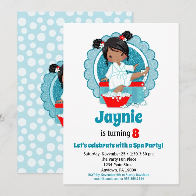 African American Spa Party Girls Birthday Invitation (Front/Back)