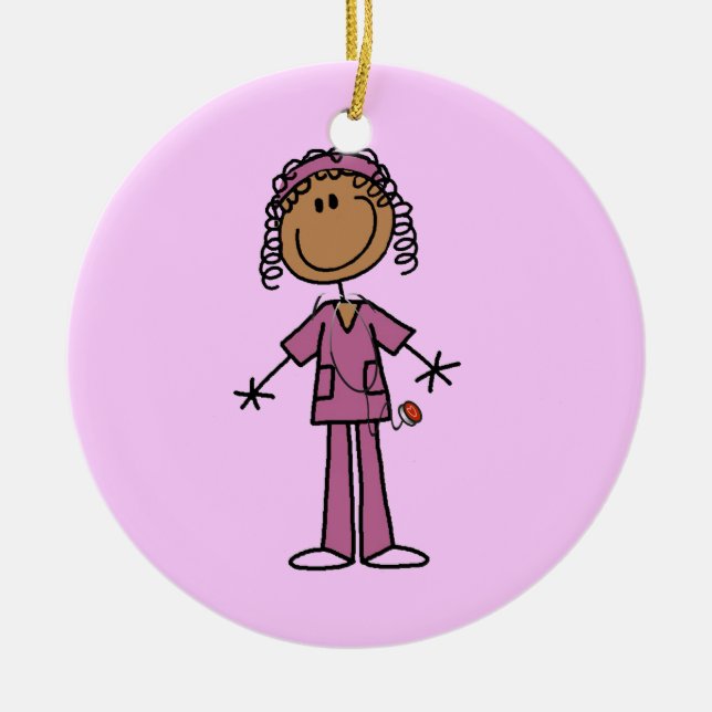 African American Stick Figure Nurse Ceramic Tree Decoration (Front)