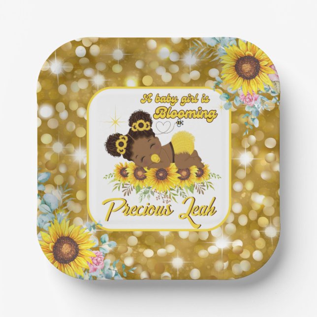 African American Sunflower Baby Shower Its a Girl  Paper Plate (Front)