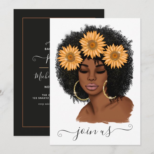 African American Sunflower Girl Bachelorette Party Invitation (Front/Back)